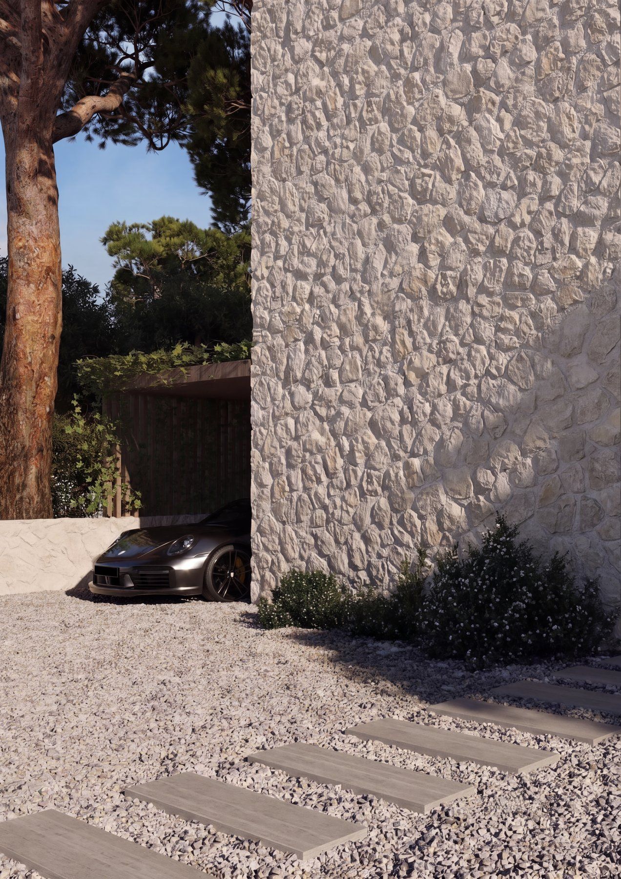 Villa Olivia stone wall and entrance path